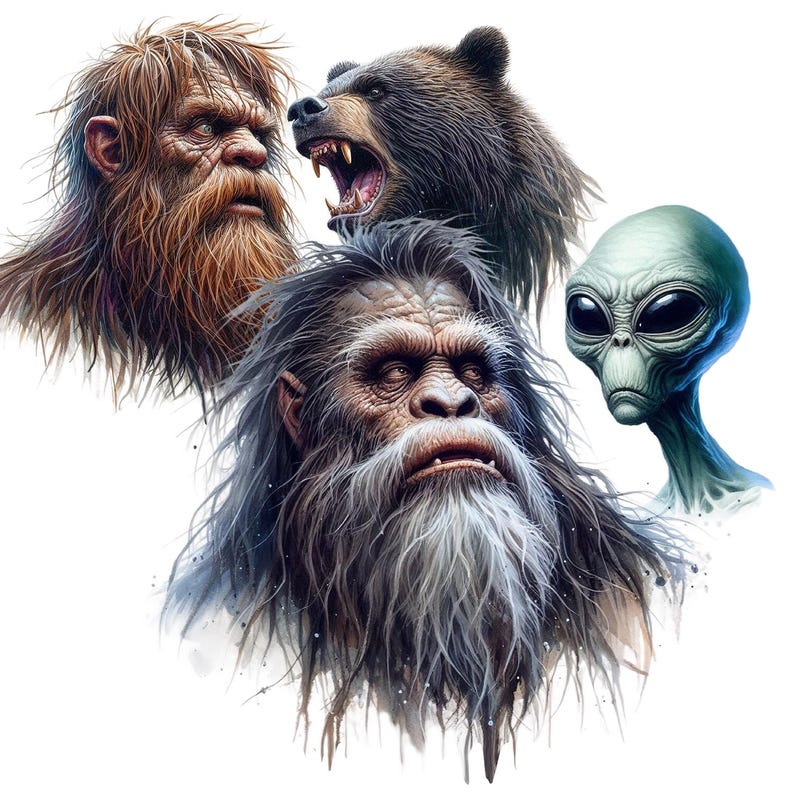 May include: A digital illustration of four mythical creatures: a Bigfoot, a Yeti, a bear, and a grey alien. The creatures are all looking at the viewer with serious expressions.