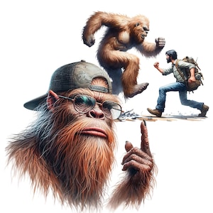 Puede incluir: Una ilustraci&oacute;n de dibujos animados de un Bigfoot con una gorra de b&eacute;isbol y gafas, se&ntilde;alando con un dedo. En el fondo, un Bigfoot huye de un hombre con una mochila.