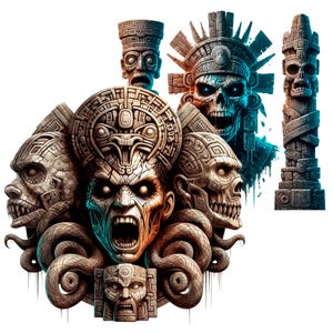 Pode incluir: Uma ilustra&ccedil;&atilde;o digital de cinco esculturas mayas de pedra com talhas intrincadas. As esculturas est&atilde;o dispostas em um padr&atilde;o circular com uma cobra envolvendo-as. As esculturas s&atilde;o de cor marrom escura e est&atilde;o sobre um fundo branco.