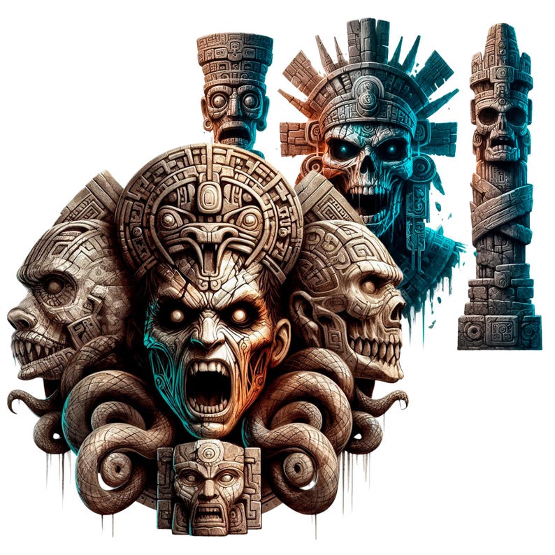 Pode incluir: Uma ilustra&ccedil;&atilde;o digital de cinco esculturas mayas de pedra com talhas intrincadas. As esculturas est&atilde;o dispostas em um padr&atilde;o circular com uma cobra envolvendo-as. As esculturas s&atilde;o de cor marrom escura e est&atilde;o sobre um fundo branco.