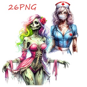 Zombie Nurse Clipart png, Horror Clipart, Watercolor Zombie Set Printable, Scrapbooking Files, 26 PNG transparent background