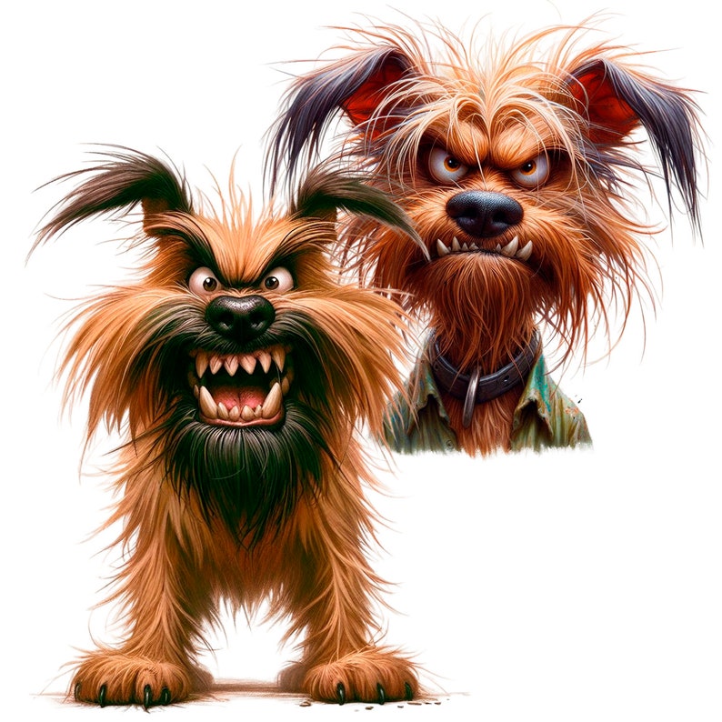 Puede incluir: Dos perros de dibujos animados con pelaje marr&oacute;n y negro, ambos con expresiones de enojo y dientes descubiertos. El perro de la izquierda est&aacute; de pie sobre sus cuatro patas, mientras que el perro de la derecha est&aacute; sentado con la cabeza ligeramente inclinada hacia un lado.