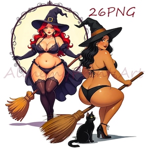 May include: Digital illustration of two witches in black lingerie and witch hats, riding brooms. One witch has red hair, the other has black hair. A black cat sits near the second witch. The text "26PNG" is in the upper right corner.