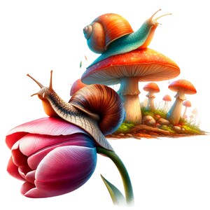 Puede incluir: Dos caracoles, uno en un hongo rojo y blanco y el otro en un tulip&aacute;n rosa. El hongo tiene un tallo blanco y est&aacute; rodeado de hongos m&aacute;s peque&ntilde;os. El tulip&aacute;n tiene un tallo y hojas verdes.