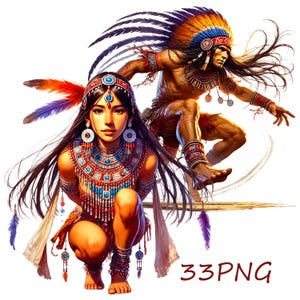 Puede incluir: Una mujer nativa americana con un tocado de cuentas de colores y un collar de cuentas. Está agachada con su largo cabello negro fluyendo detrás de ella. Un hombre nativo americano con un tocado de plumas y joyas de cuentas está de pie detrás de ella, con el brazo levantado.