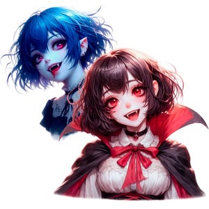 May include: Two anime-style vampire characters with pale skin, red eyes, and fangs. One has blue hair and a dark outfit, the other has brown hair, a red and black cape, and a white blouse with a red bow. The image has a white background.