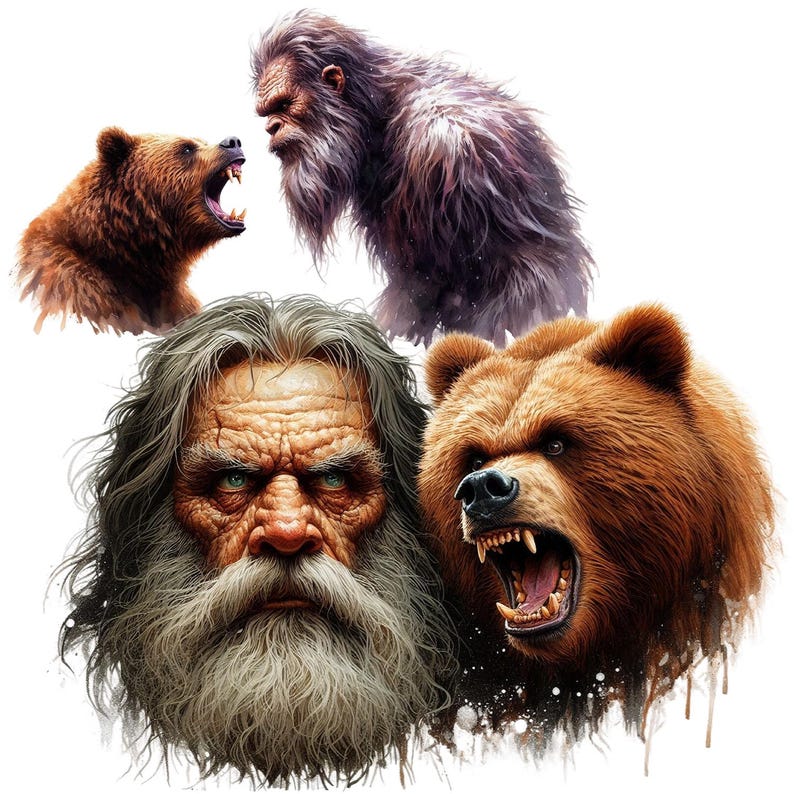 May include: A digital painting of a bearded man with a fierce expression, surrounded by three animals: a brown bear, a brown bear cub, and a large, hairy creature resembling Bigfoot.