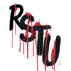 Pu&ograve; includere: Lettere nere e rosse di vernice che cola, che compongono la parola "RSTU".