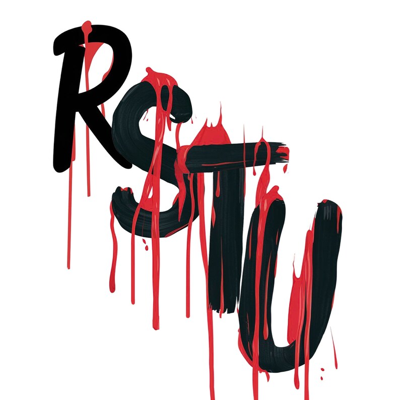 Pu&ograve; includere: Lettere nere e rosse di vernice che cola, che compongono la parola "RSTU".