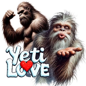 Puede incluir: Ilustraci&oacute;n de dos yetis. Uno flexiona su b&iacute;ceps, el otro env&iacute;a un beso. El texto "Yeti LOVE" se muestra en blanco, con un coraz&oacute;n rojo que reemplaza la "O". Los yetis son marrones y blancos, con pelaje detallado.