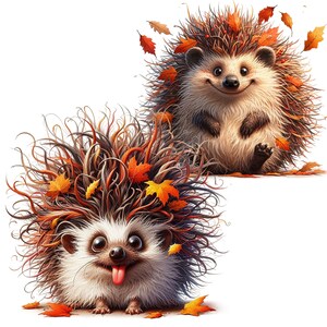 May include: Two cartoon hedgehogs with brown and white fur, surrounded by autumn leaves. One hedgehog is smiling with its tongue sticking out, while the other is sitting up with its paws crossed.