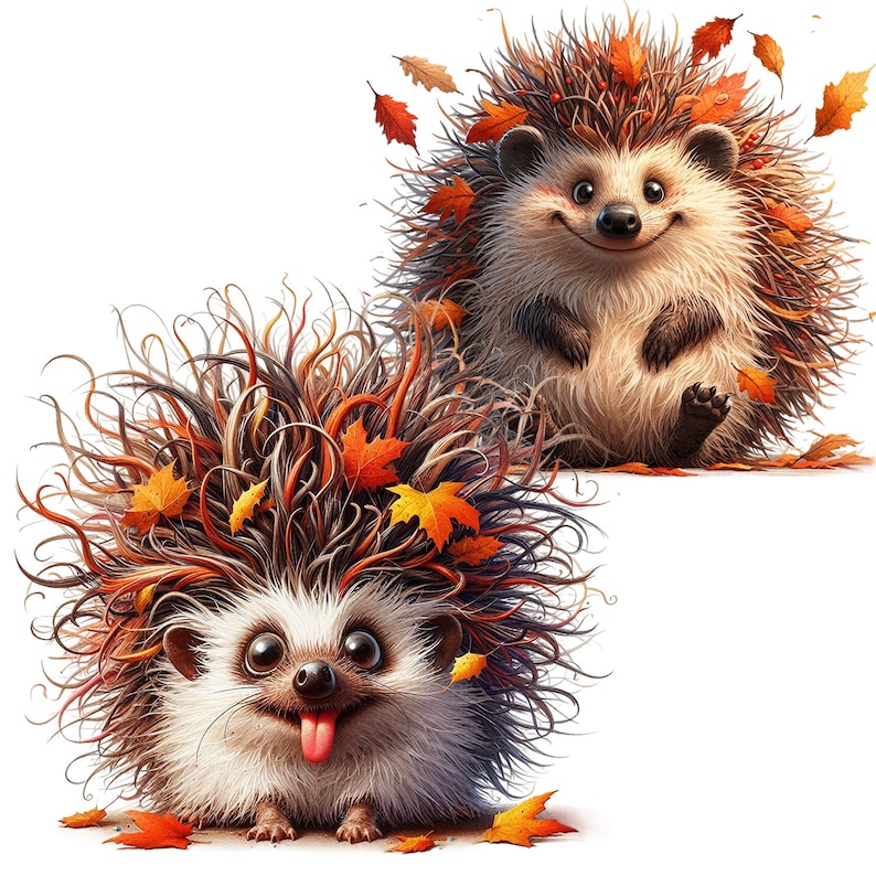 May include: Two cartoon hedgehogs with brown and white fur, surrounded by autumn leaves. One hedgehog is smiling with its tongue sticking out, while the other is sitting up with its paws crossed.