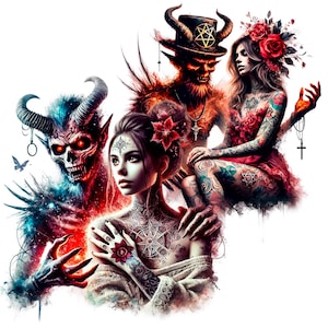 May include: A digital art illustration featuring three figures. A red demon with horns and a pentagram on its hat, a woman with red hair and a red dress, and a woman with a flower crown and tattoos. The background is a dark, swirling pattern.
