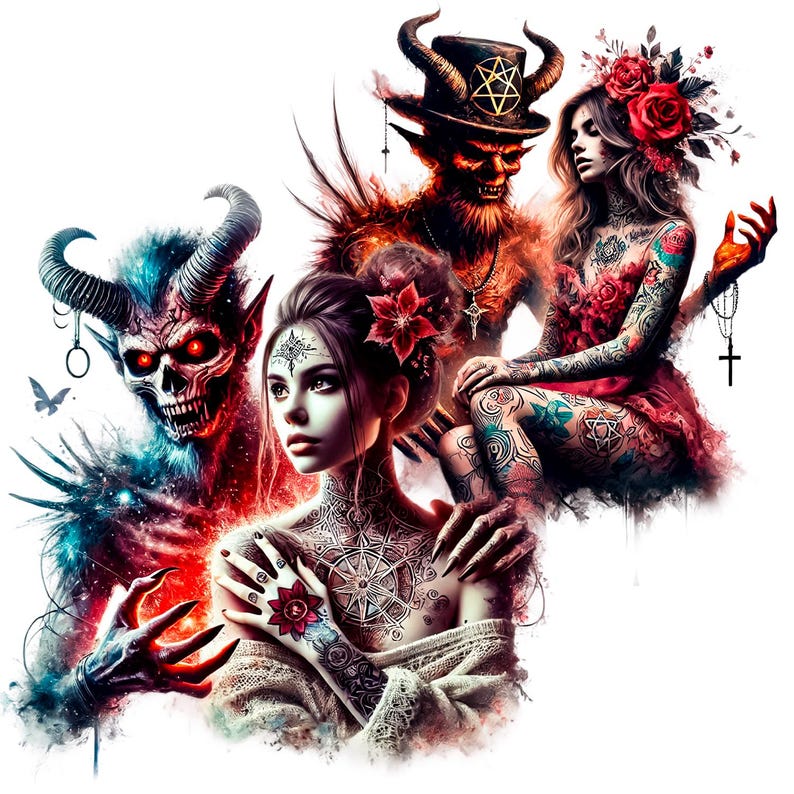 May include: A digital art illustration featuring three figures. A red demon with horns and a pentagram on its hat, a woman with red hair and a red dress, and a woman with a flower crown and tattoos. The background is a dark, swirling pattern.