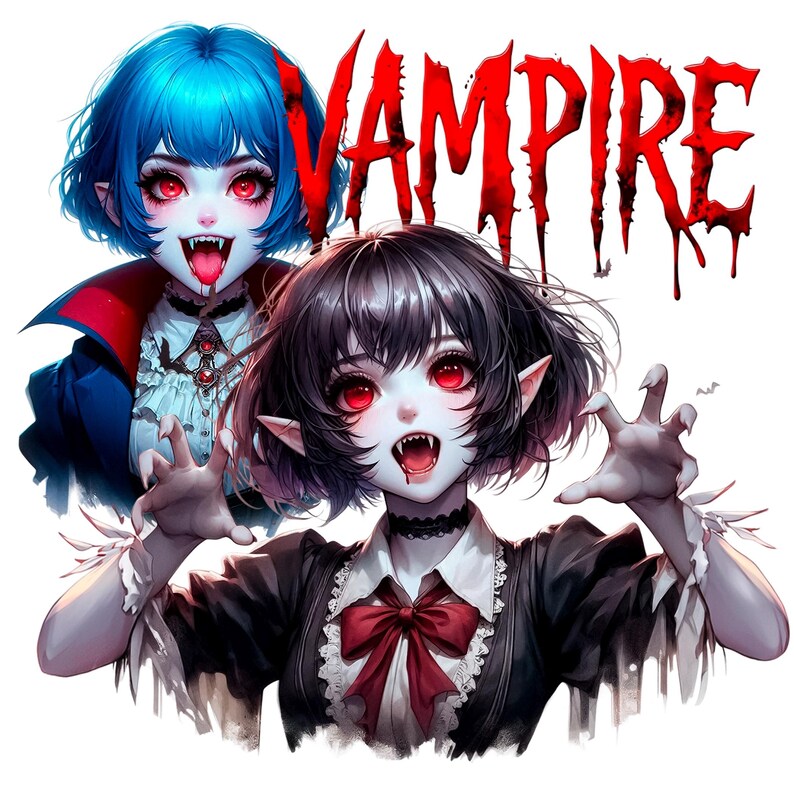 May include: Illustration of two anime-style vampires with red eyes and fangs. One has blue hair and a dark blue and red cape. The other has black hair and is reaching out. The word "VAMPIRE" is written in red dripping letters.