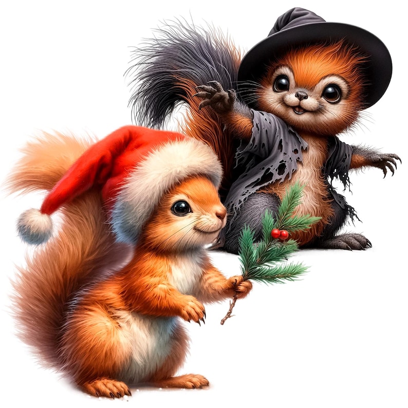 Puede incluir: Dos ardillas de dibujos animados, una con un gorro de Pap&aacute; Noel y la otra con un gorro de bruja, sosteniendo una rama de acebo con bayas rojas.