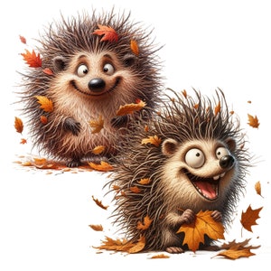 May include: Two cartoon hedgehogs with brown fur and spiky quills are surrounded by falling autumn leaves. The hedgehogs have big eyes and are smiling.