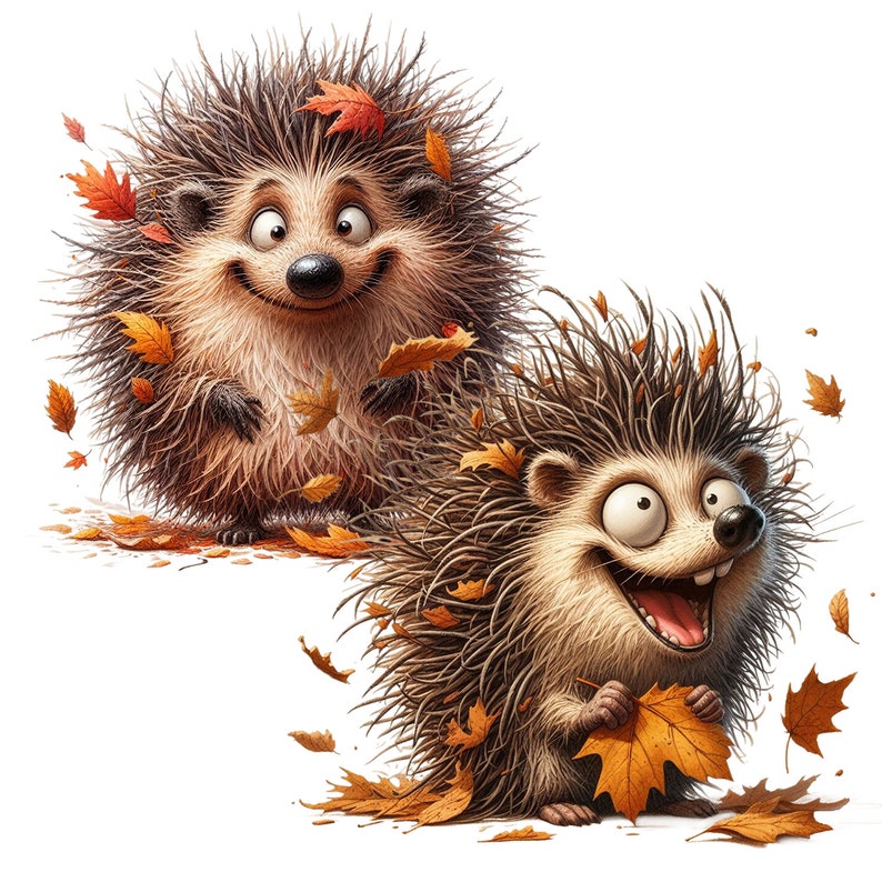 May include: Two cartoon hedgehogs with brown fur and spiky quills are surrounded by falling autumn leaves. The hedgehogs have big eyes and are smiling.