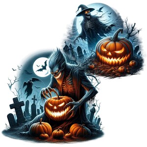 May include: A spooky Halloween scene with two blue-skinned creatures holding jack-o'-lanterns. The creatures are surrounded by tombstones and bats. The background is a dark forest with a full moon.