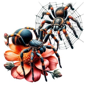 Pode incluir: Duas tar&acirc;ntulas pretas e laranja, uma em uma flor rosa e a outra em uma teia. A tar&acirc;ntula na flor tem as pernas estendidas, enquanto a tar&acirc;ntula na teia tem as pernas enroladas.