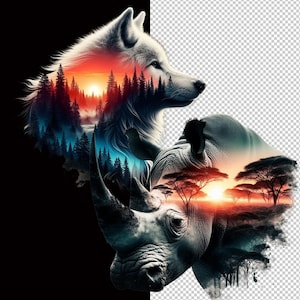 May include: A white wolf with a forest scene inside its fur, facing right, is superimposed over a rhinoceros with a sunset scene inside its body, facing left.