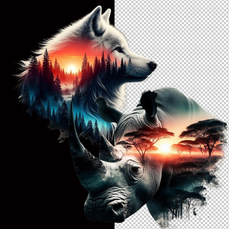 May include: A white wolf with a forest scene inside its fur, facing right, is superimposed over a rhinoceros with a sunset scene inside its body, facing left.