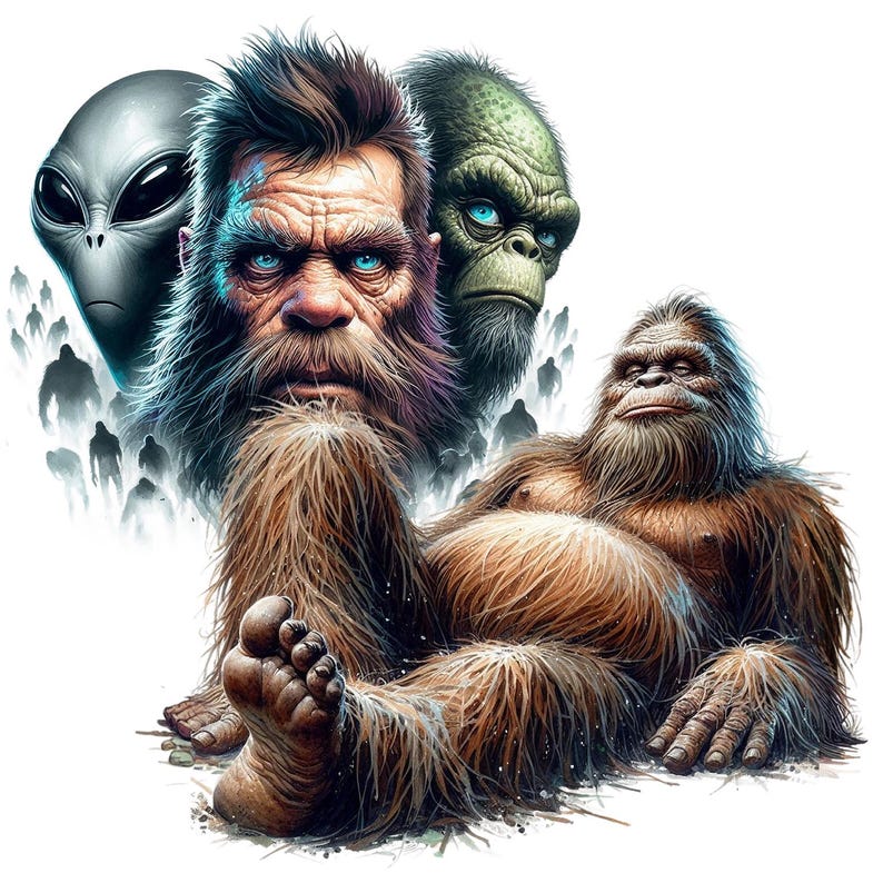 May include: A digital illustration of three mythical creatures: a gray alien, a green Bigfoot, and a brown Bigfoot. The gray alien has large eyes and a small mouth. The green Bigfoot has blue eyes and a long, black beard. The brown Bigfoot is lying down with its arms outstretched.