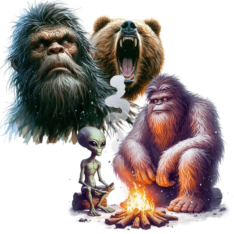 May include: A digital illustration of a green alien, a brown bear with its mouth open, and two Bigfoot creatures, one with brown fur and one with orange fur, all gathered around a campfire.