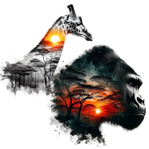 May include: A black and white illustration of a giraffe and a gorilla with a sunset and trees in the background.