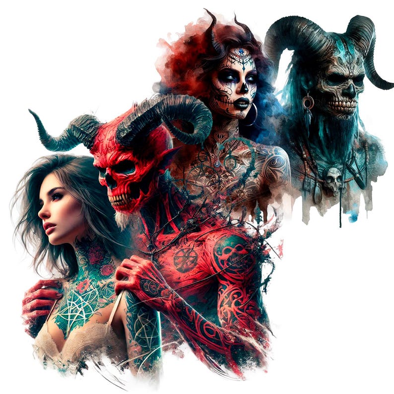 May include: A digital illustration of three figures with horns and tattoos. The figures are a red demon, a woman with a skull face, and a blue demon. The figures are set against a white background.