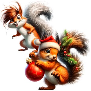 Puede incluir: Dos ardillas de dibujos animados, una con un gorro de Pap&aacute; Noel, sosteniendo un adorno navide&ntilde;o rojo. La ardilla con el gorro de Pap&aacute; Noel est&aacute; de pie sobre la espalda de la otra ardilla.