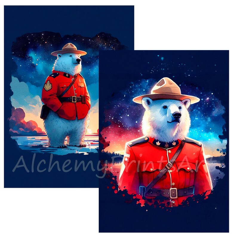 Puede incluir: Dos ilustraciones de un oso polar con un uniforme rojo y dorado con un parche de la bandera canadiense. El oso lleva un sombrero marr&oacute;n con una banda dorada. El fondo es azul oscuro con una galaxia de estrellas y una puesta de sol roja y naranja.