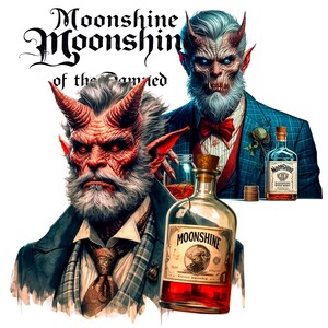 K&ouml;nnte beinhalten: Digitale Illustration von zwei geh&ouml;rnten d&auml;monischen Figuren in Anz&uuml;gen, mit Moonshine-Flaschen. Eine Flasche im Vordergrund, mit "Moonshine" und einem Portr&auml;t beschriftet. Der Text "Moonshine of the Damned" befindet sich oben.