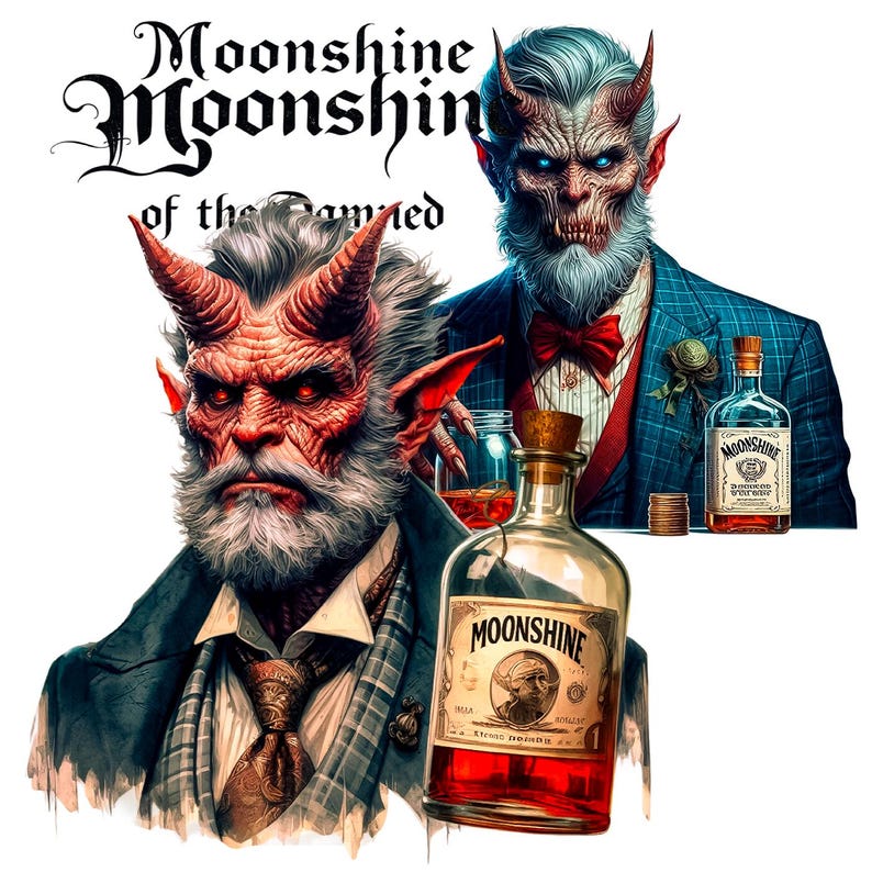 K&ouml;nnte beinhalten: Digitale Illustration von zwei geh&ouml;rnten d&auml;monischen Figuren in Anz&uuml;gen, mit Moonshine-Flaschen. Eine Flasche im Vordergrund, mit "Moonshine" und einem Portr&auml;t beschriftet. Der Text "Moonshine of the Damned" befindet sich oben.