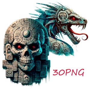Pode incluir: Uma ilustra&ccedil;&atilde;o digital de uma caveira azul e verde com olhos vermelhos, cercada por intrincadas esculturas de pedra. A caveira est&aacute; ao lado de uma serpente azul e verde com olhos vermelhos e uma longa l&iacute;ngua bifurcada.