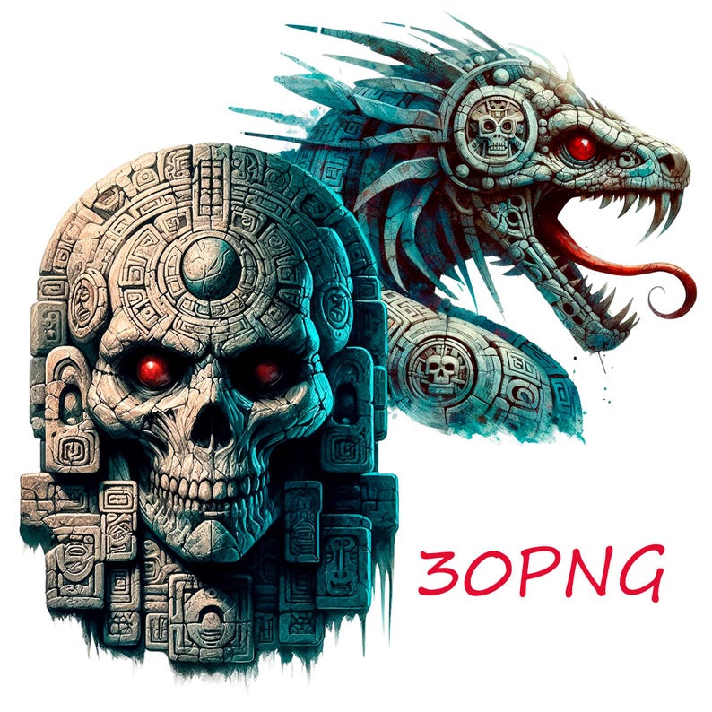 Pode incluir: Uma ilustra&ccedil;&atilde;o digital de uma caveira azul e verde com olhos vermelhos, cercada por intrincadas esculturas de pedra. A caveira est&aacute; ao lado de uma serpente azul e verde com olhos vermelhos e uma longa l&iacute;ngua bifurcada.