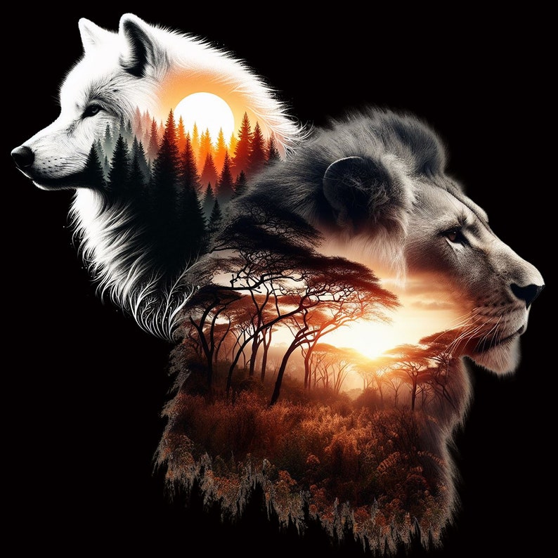 May include: A black and white wolf and a lion are superimposed over a sunset scene with trees. The wolf's head is on the left and the lion's head is on the right. The sunset is in the background and the trees are in the foreground.