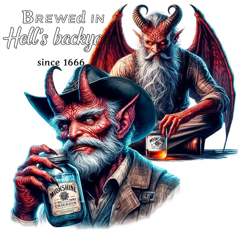 K&ouml;nnte beinhalten: Digitale Illustration eines roten Teufels mit H&ouml;rnern und wei&szlig;em Bart, der ein Glas Moonshine h&auml;lt. Das Bild enth&auml;lt den Text "Brewed in Hell's backyard since 1666."