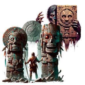 Pode incluir: Uma ilustra&ccedil;&atilde;o digital que representa tr&ecirc;s est&aacute;tuas de pedra no estilo maia, uma com uma face de caveira, outra com uma face humana e uma terceira com uma face esculpida. Uma pessoa com um colete de couro castanho e cal&ccedil;as est&aacute; em frente &agrave;s est&aacute;tuas.