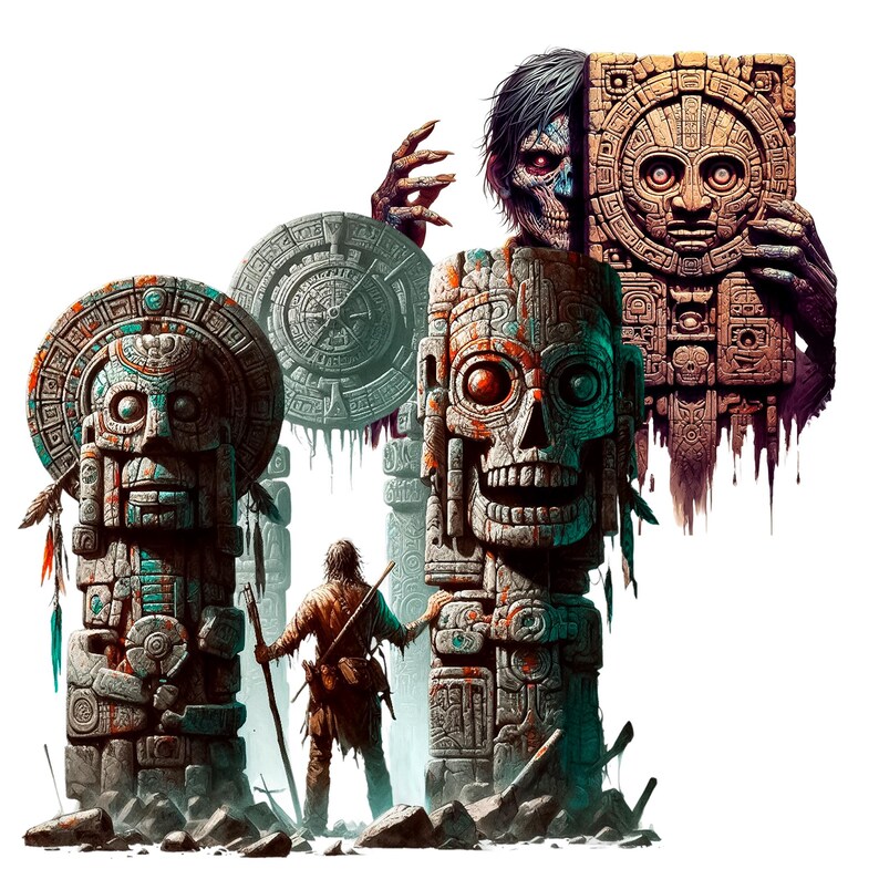 Pode incluir: Uma ilustra&ccedil;&atilde;o digital que representa tr&ecirc;s est&aacute;tuas de pedra no estilo maia, uma com uma face de caveira, outra com uma face humana e uma terceira com uma face esculpida. Uma pessoa com um colete de couro castanho e cal&ccedil;as est&aacute; em frente &agrave;s est&aacute;tuas.