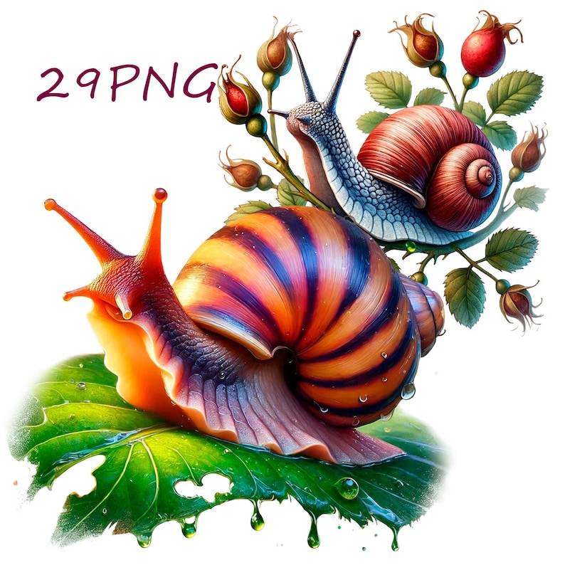 Puede incluir: Dos caracoles, uno con una concha marr&oacute;n y naranja y el otro con una concha roja y azul, est&aacute;n sobre una hoja verde con bayas rojas y hojas verdes en el fondo.