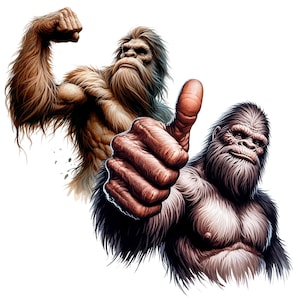 Puede incluir: Ilustraci&oacute;n de dos figuras de Bigfoot. Una flexiona un b&iacute;ceps, la otra hace una se&ntilde;al de pulgar hacia arriba. Ambas tienen pelaje marr&oacute;n y gris, con rasgos faciales detallados y cuerpos musculosos. El fondo es blanco.