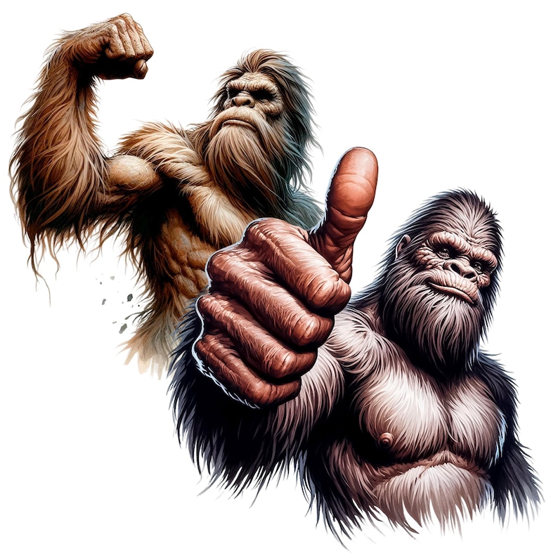 Puede incluir: Ilustraci&oacute;n de dos figuras de Bigfoot. Una flexiona un b&iacute;ceps, la otra hace una se&ntilde;al de pulgar hacia arriba. Ambas tienen pelaje marr&oacute;n y gris, con rasgos faciales detallados y cuerpos musculosos. El fondo es blanco.