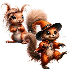 Puede incluir: Dos ardillas de dibujos animados, una con un sombrero de bruja y ropa naranja y marr&oacute;n, la otra con una cola esponjosa y pelaje marr&oacute;n.