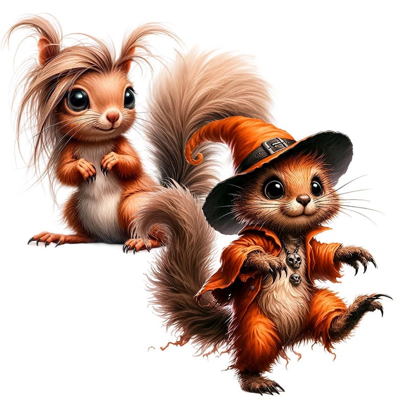 Puede incluir: Dos ardillas de dibujos animados, una con un sombrero de bruja y ropa naranja y marr&oacute;n, la otra con una cola esponjosa y pelaje marr&oacute;n.
