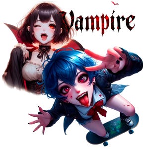 May include: Illustration of two anime-style vampires with red eyes and fangs. One winks, the other is on a skateboard. The word "Vampire" is written in red gothic lettering above them. A small red bat is flying above the word.