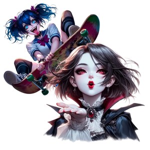 May include: Illustration of two anime-style characters. One is a girl with blue hair and a skateboard. The other is a vampire girl blowing a kiss. The image has a white background.