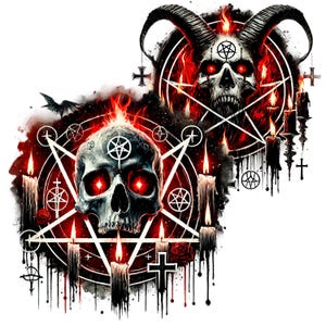 May include: Two red and black skull illustrations with pentagram symbols and flames. The skulls are surrounded by pentagrams and candles.