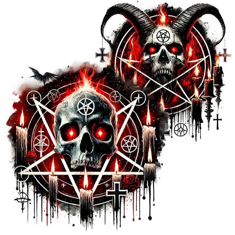 May include: Two red and black skull illustrations with pentagram symbols and flames. The skulls are surrounded by pentagrams and candles.