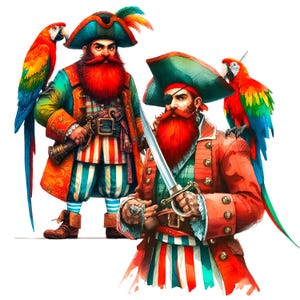 May include: Two cartoon pirates with red beards and feathered hats. One pirate holds a sword and the other holds a sword and a pistol. Both pirates are wearing striped pants and red jackets. Two red and green parrots are perched on the pirates' shoulders.